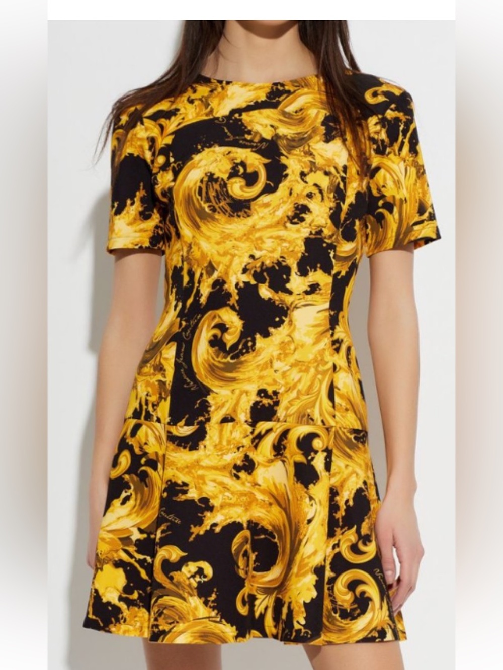 Versace Black and Yellow Baroque Short Sleeve Mini Dress